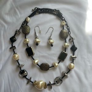 Black, silver, and pearl necklace and earring set